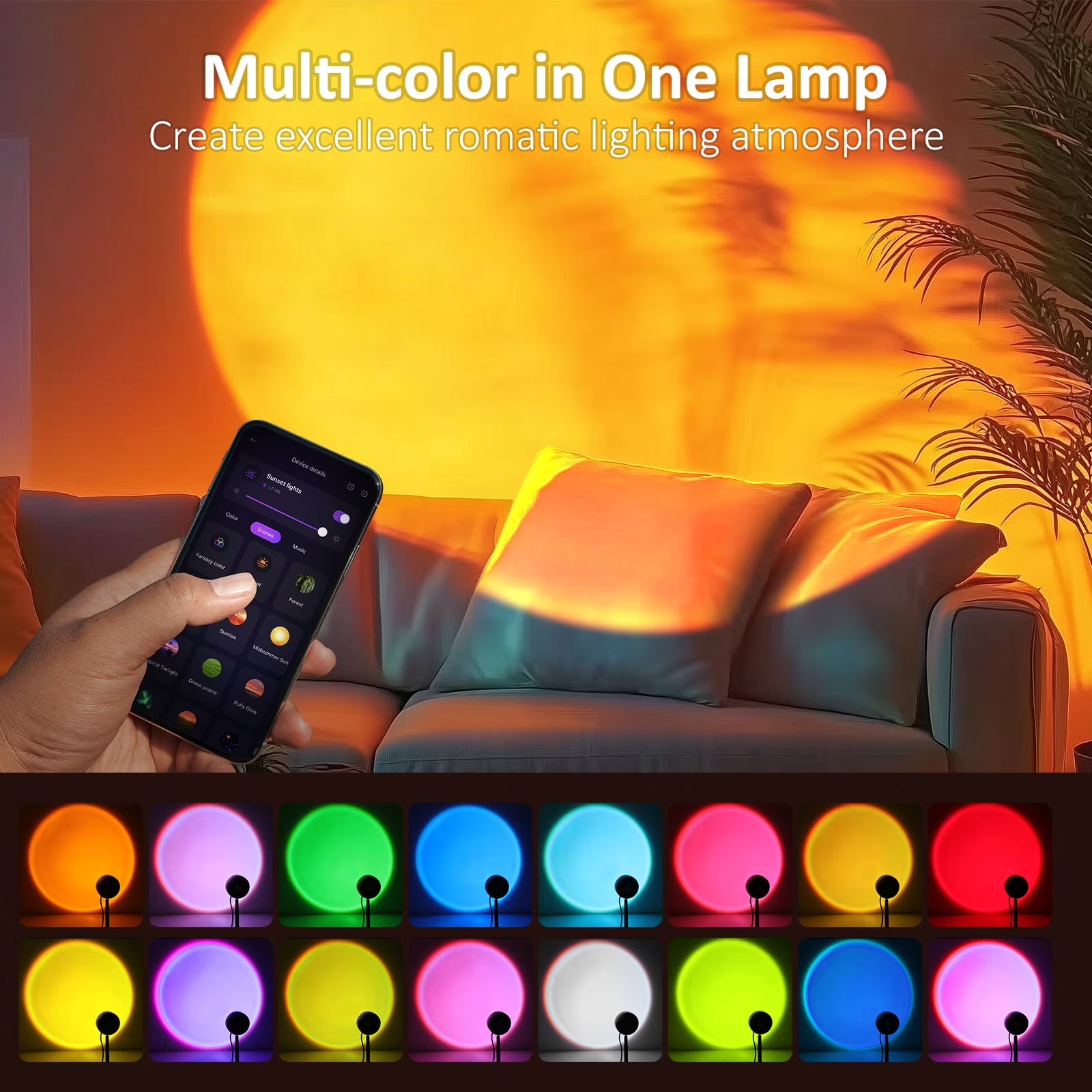 RGB Color Changing Sunset Lamp Projector - Portable LED Lights for Home, Bedroom, Parties, and Holiday Decor